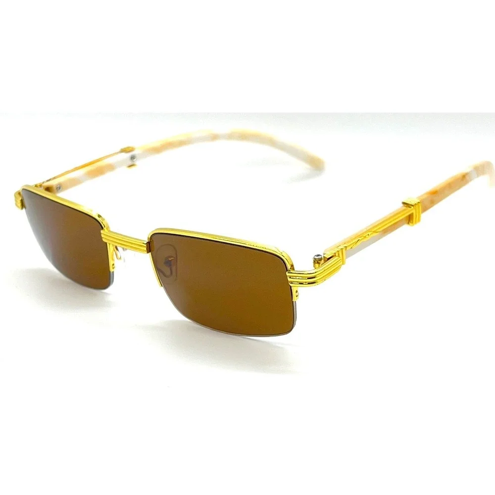 Gold Frame Sunglasses Brown Lens Rectangle Fashion Hip Hop Style Retro 80's 90's